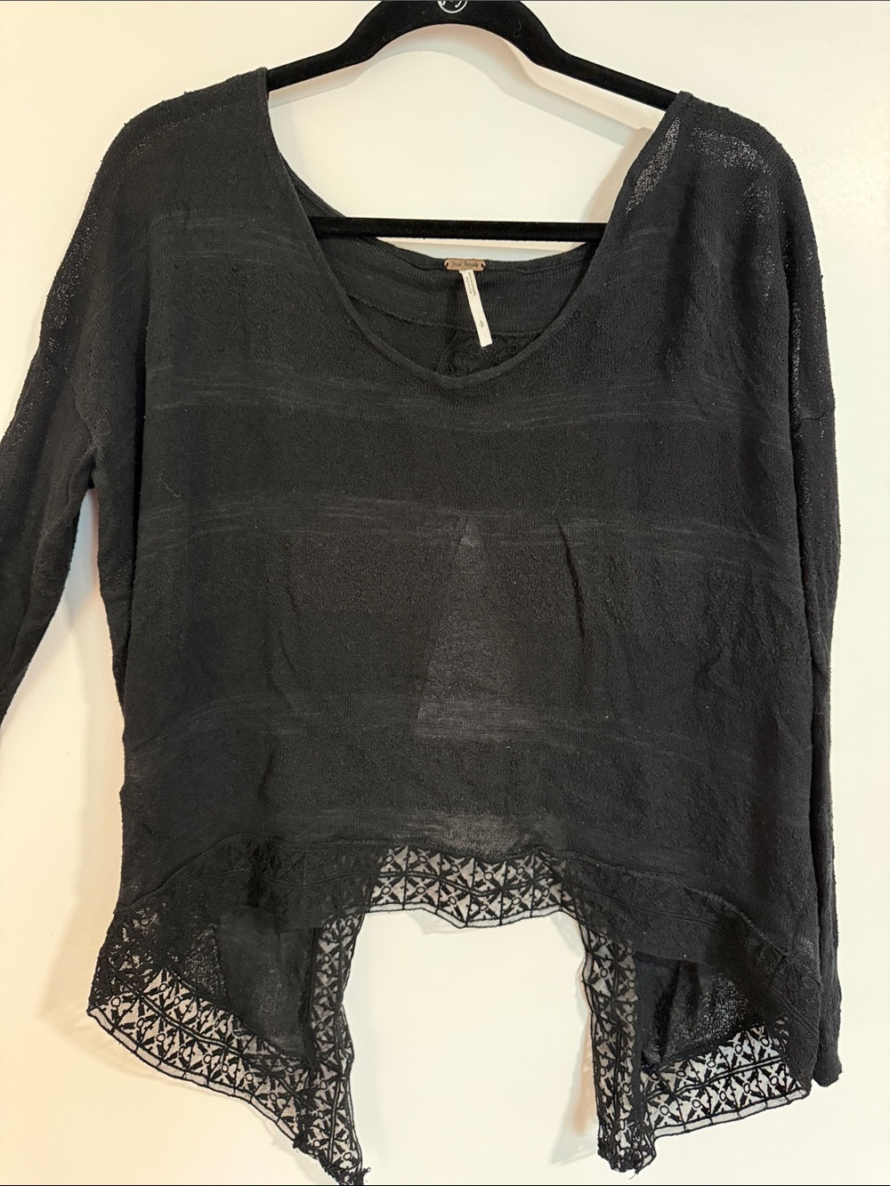 Free People Black Sheer Knit Scoop-Neck Top with Lace Trim